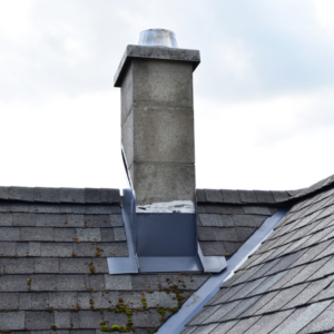 gray chimney with damaged flashing