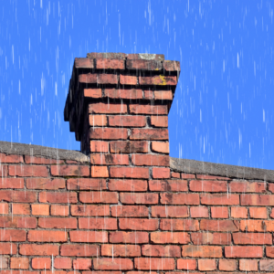 masonry chimney with rain falling on it